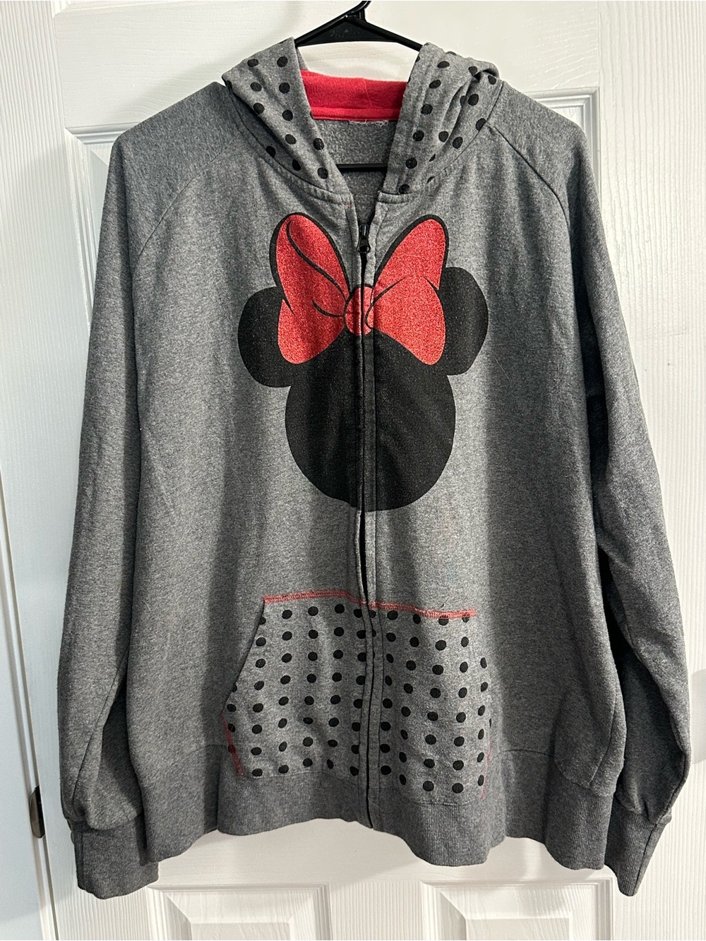 Disney Grey Zip-Up Hoodie with Black Minnie Silhouette and Red Glitter Bow 2X
